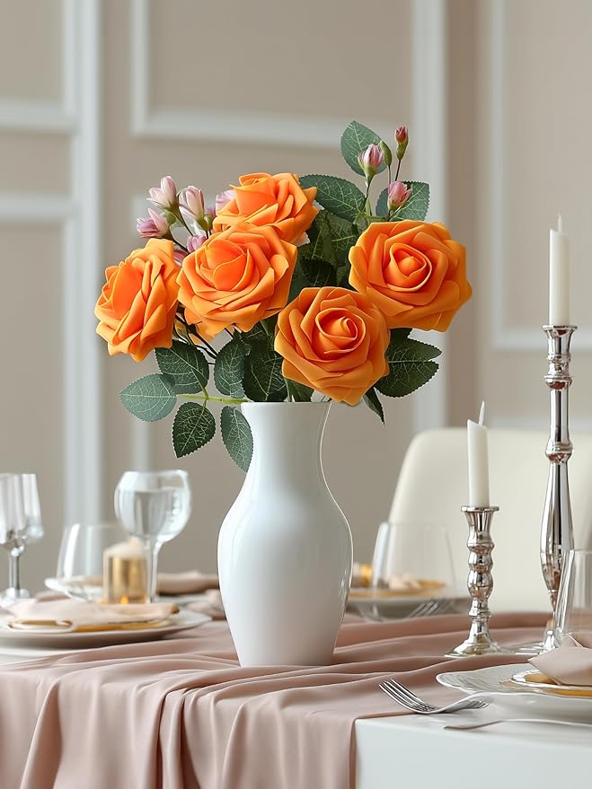 InnoGear Artificial Flowers, 50 Pcs Orange Rose Foam Fake Roses Bulk with Stems for Autumn Fall Decoration DIY Wedding Bouquets Centerpieces Bridal Shower Party Christmas Tree