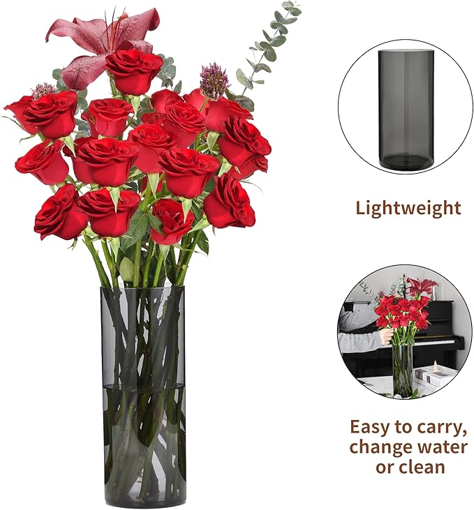 Flower Vase, Non-breakable Vases, 5" W x 14" H, Acrylic Grey Vase, Aesthetic Room Decor Cylindrical Modern Flower Vases for Table Centerpiece, Home Decor, Women Floral Arrangement Gift