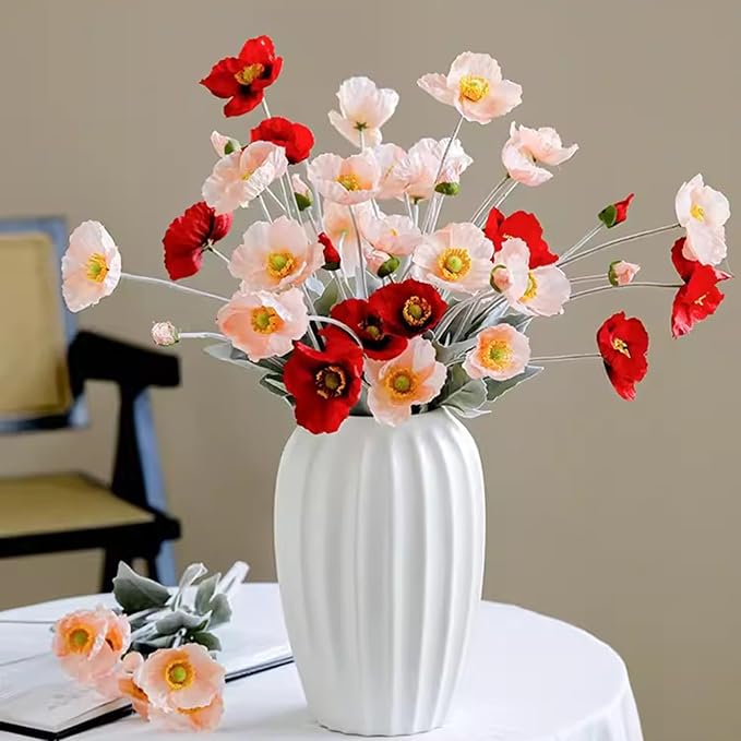 2 Pcs Artificial Fake Flowers Plants Poppies Silk Flower Arrangements Wedding Bouquets Decorations Plastic Floral Table Centerpieces for Home Kitchen Garden Party Decor Approx 23.6" High - Red