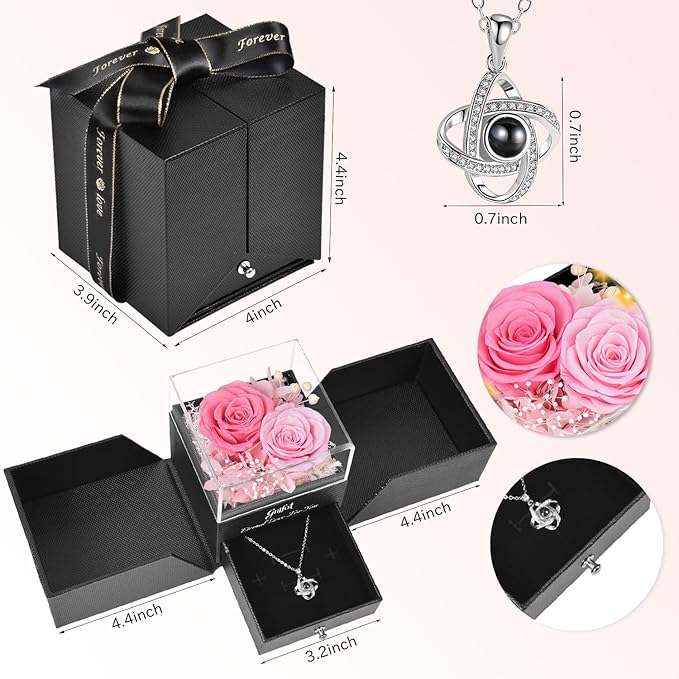2 Preserved Rose Gift for Women - Eternal Rose with I Love You Necklace - Romantic Birthday Gifts for Girlfriend Mom Her Wife Grandma on Valentines Mothers Day Anniversary Christmas-Pink