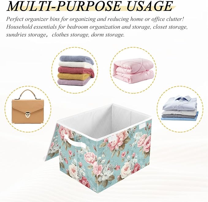 susiyo Cute Floral Pattern Storage Bins with Lids and Carrying Handle Foldable Storage Boxes Organizer Containers Baskets Cube Shelf organizers for Clothes Toys Office