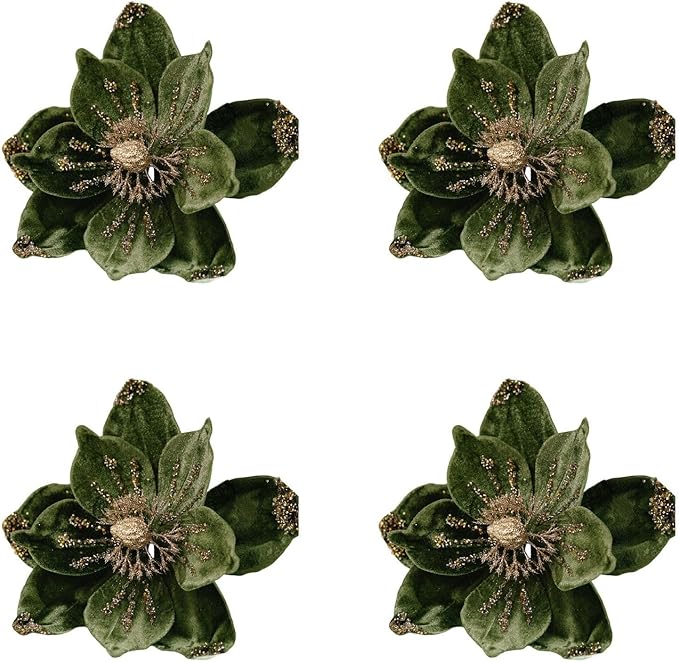 Set of 4 Gold Glitter Christmas Floral Decorations with Soft Flannelette, 15x26cm Artificial Flowers for Holiday Tree Ornaments, Wreaths, and Festive Tabletop Arrangements