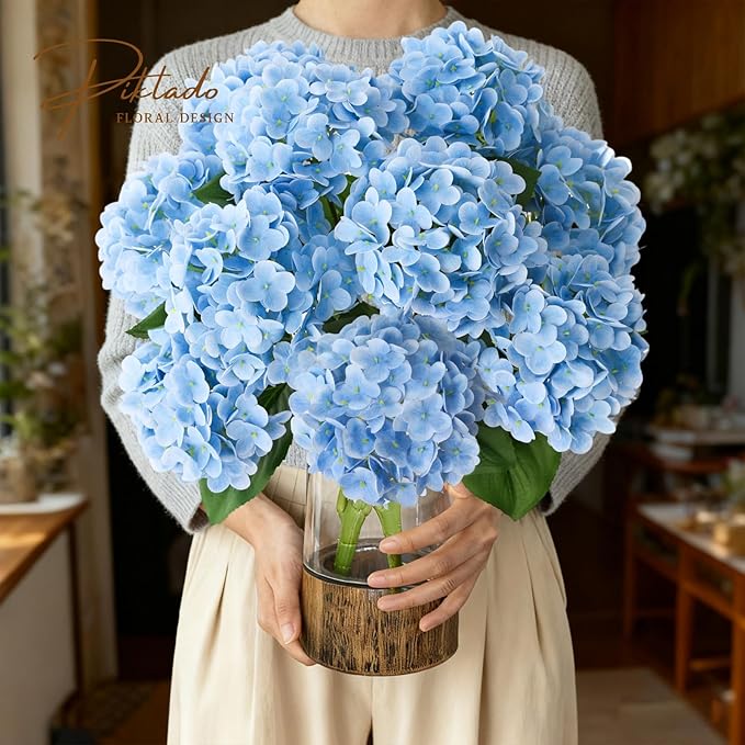 A Bunch 21in， Real Touch Hydrangea Artificial Flowers， with 10pcs Flower Head 20pcs Leaves， Faux Hydrangea Flowers for Home Office Decor Wedding Party Arrangements (2, Blue)