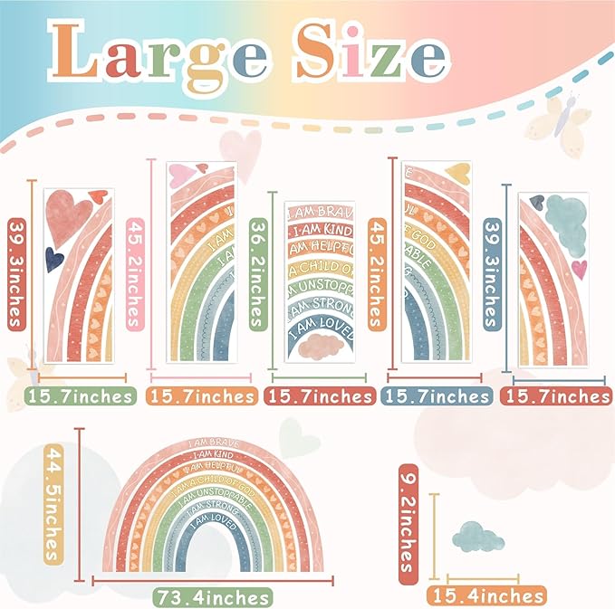 Large Rainbow Wall Stickers Kids Inspirational Wall Decal Peel and Stick Boho Rainbow Walls Decals for Baby Girls Bedroom Pastel I Am Motivational Art Mural for Nursery Playroom Decor 44.5"x73.4"
