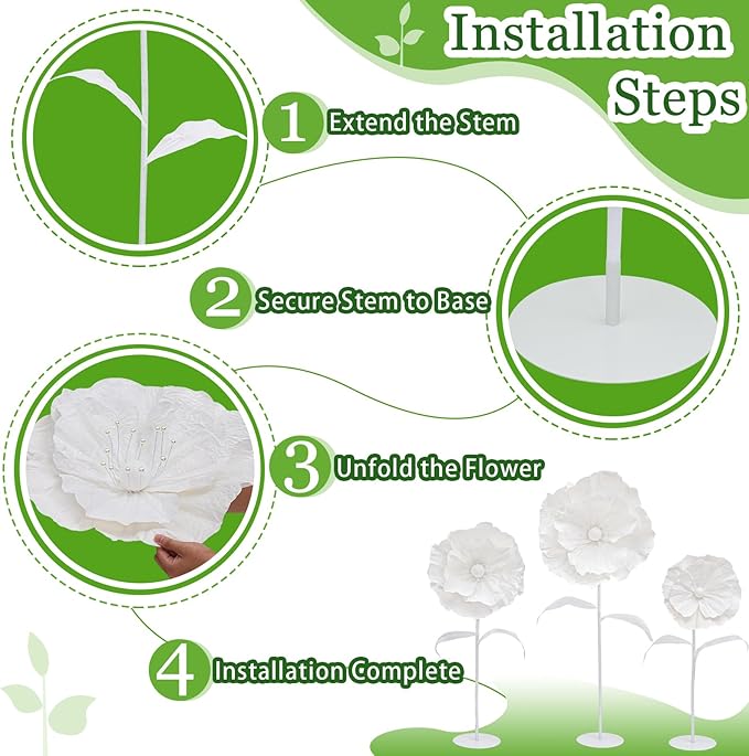 White Giant Flowers with Stand - 3 Metal Base Giant Paper Flower Flexible Big Flowers Decor for Birthday Party Baby Show Wedding Art Exhibition
