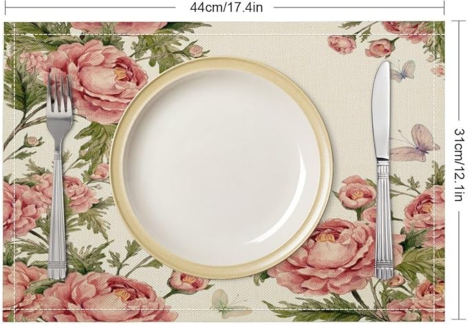 Pink Flowers Placemats Set of 8, 17x12 Inch Rustic Farmhouse Romantic Spring Floral Blossom Butterfly Table Mats for Home Party Kitchen Dining Decor