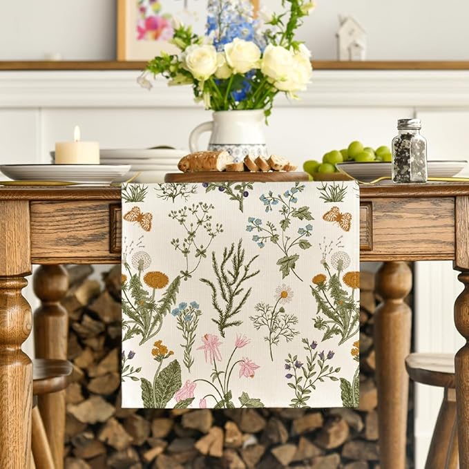 Artoid Mode Wildflowers Floral Spring Table Runner, Butterfly Seasonal Summer Kitchen Dining Table Decoration for Home Party Decor 13x108 Inch