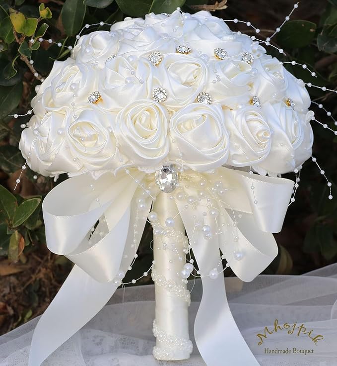 Bridal Wedding Bouquet Round Bling Brooch Bouquet Throw Toss Artificial Rose Flower Bunch for Bride Bridesmaid Wedding Quinceanera(Ivory, 8.7")