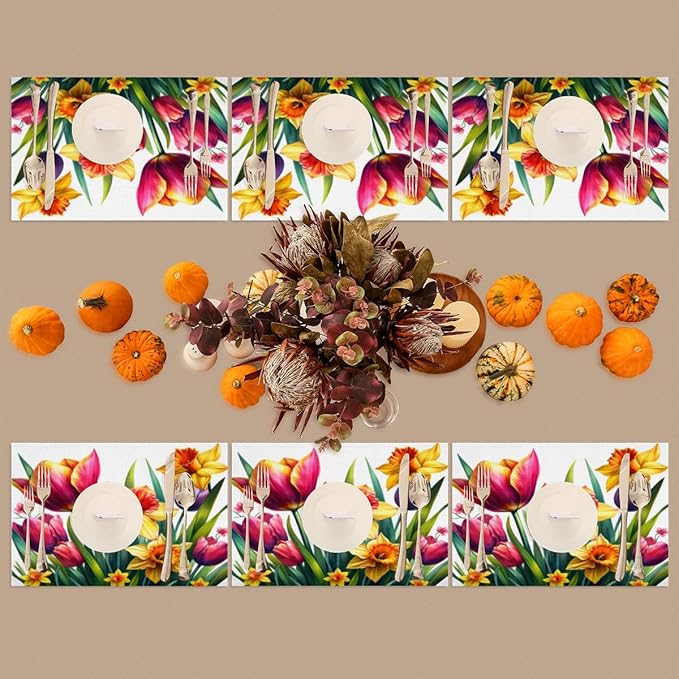 Spring Beautiful Flower Placemats Set of 6 PVC Vinyl Non Slip Table Mats Waterproof Heat Resistant Place Mats Washable Wipeable Dining Table Mat for Kitchen Party Indoor Outdoor Decorative