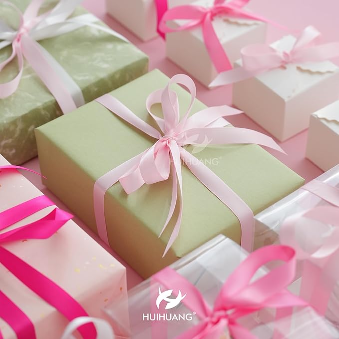HUIHUANG Pink Ribbon Pack Satin Ribbon Assortment 5 Colors Double Face Valentine's Day Ribbon for Gift Wrapping Wedding Decor Baby Shower Decor, 3/8" X 10 Yard Each Total 50 Yds Per Package