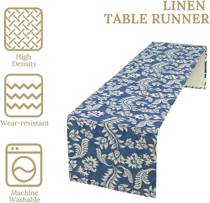 Vintage Floral Table Runner, Rustic Blue White Paisley Flower Boho Farmhouse Decor Table Runner for Kitchen Dining Home Party Decor, 13x60 Inch
