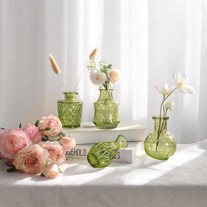 Green Small Bud Vases in Bulk 12, Vintage Embossed Flower Vases for Centerpieces, Boho Glass Vase for Flowers, Decorative Mini Vase for Wedding Decoration Party Baby Shower Home Dining Table