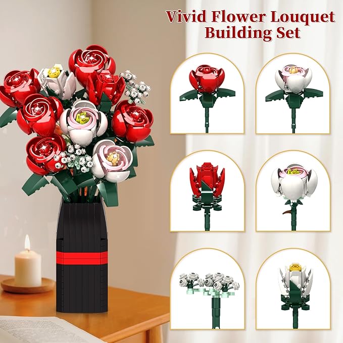 Rose Flower Bouquet Building Kit Gifts for Adults, Kids, Roses Bouquet Building Set, 841PCS Red Roses Artificial Flowers with Vase, Rose Unique DIY Gifts for Women, Anniversaries