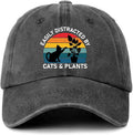 Funny Cats Plants Distressed Washed Black Baseball Caps Easily Distracted by Cats & Plants Printed Cotton Adjustable Hats Christmas Birthday Gifts for Women Men Friend Cat Lover Plant Lover