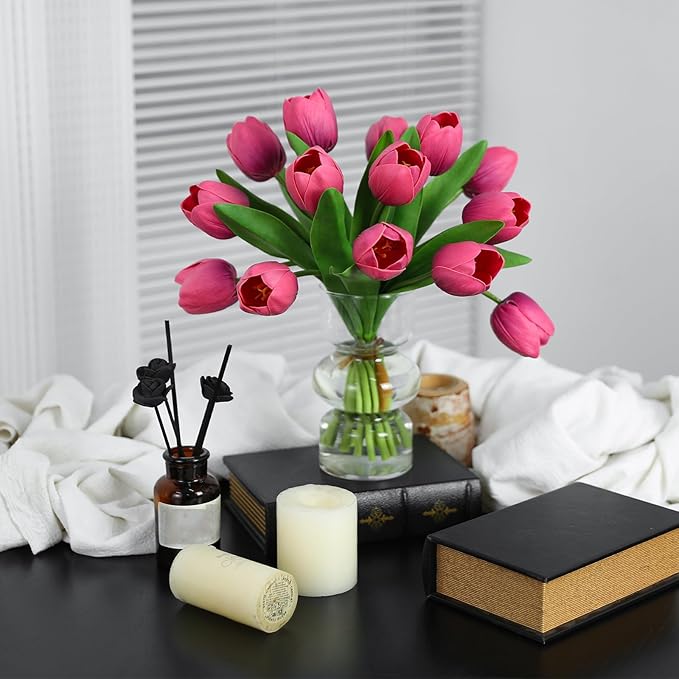 Deep Pink Artificial Tulips, 2 Bundles 14Pcs, Fake Tulips Artificial Flowers, 2 x 2.4 Inch Large Flower Head Big Tulip, Easter Valentine's Day Mother's Day Home Decoration Flowers