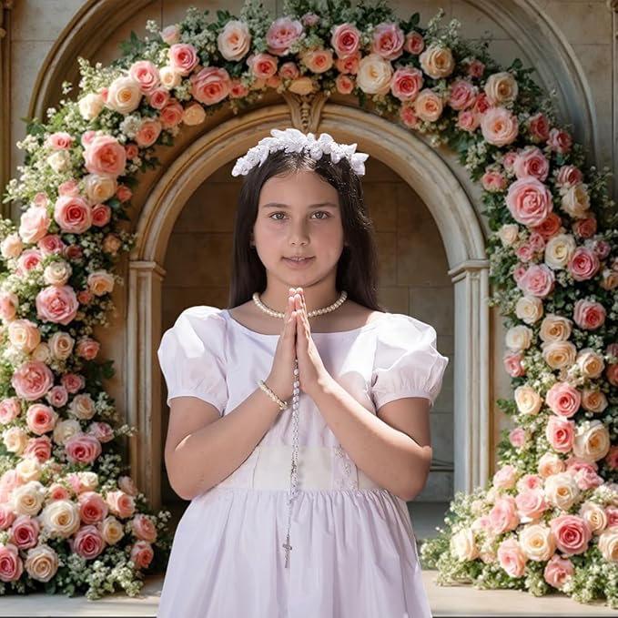 7x5ft Vintage Pink Roses Floral Backdrop Retro Palace Wall Flowers Arch Photography Background for Wedding Mothers Day Valentines Day Bridal Birthday Princess Couples Women Portraits