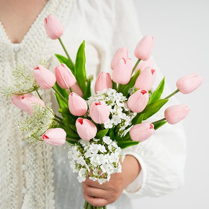 Real Touch Artificial Tulips, 20pcs Fake Tulip Flowers Stem, PU Faux Tulips 13.5” for Mother's Day, Home Decor, Wedding, Easter Valentine's Gift, Table Centerpieces, Floral Arrangements, Pink