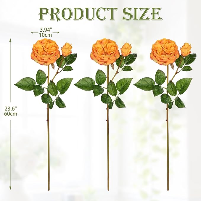 Real Touch Artificial Roses (Set of 3) – 23.6" Long Stem Orange Garden Roses – Lifelike Faux Silk Flowers for Wedding Bouquets, Home Décor, Centerpieces & Floral Arrangements