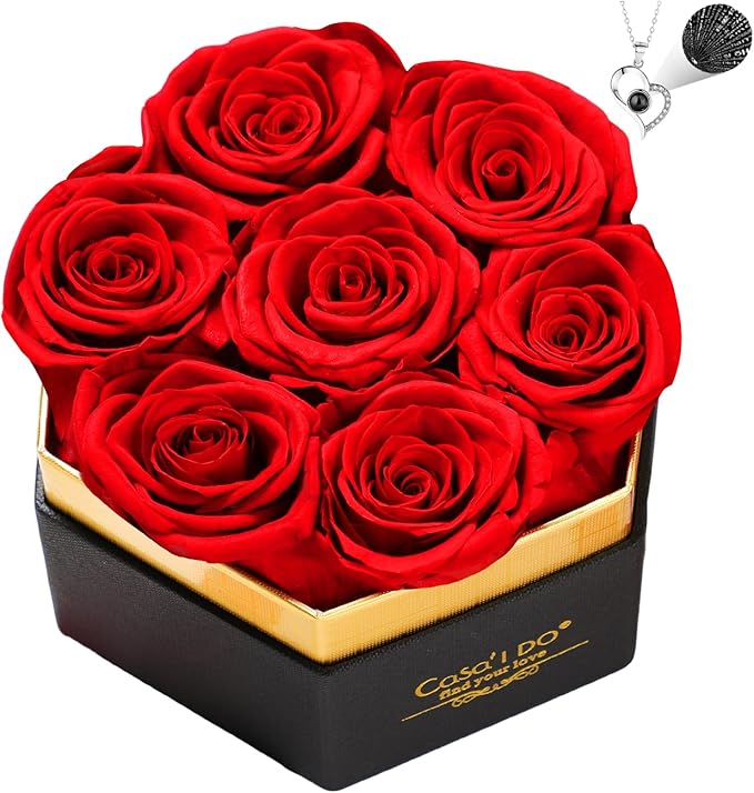 Preserved Roses Flowers for Delivery 7 Pcs, Forever Flores in a Box with Necklace, Eternal Rose Anniversary Birthday Gifts for Women Mom Wife Girlfriend, Rosas for Valentines Christmas, Red