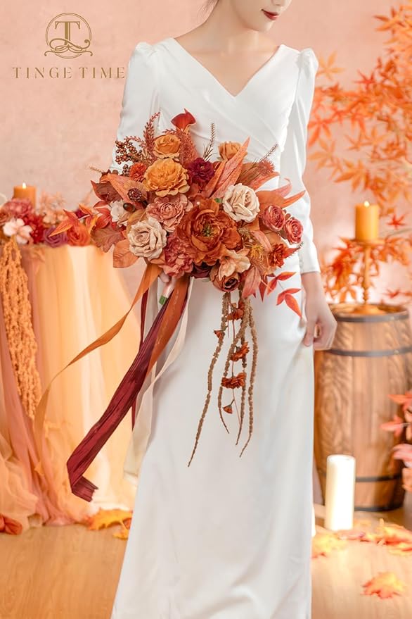 TINGE TIME 13 inch Maple Red Wedding Bouquets for Bride, Bridal Bouquet for Bride, Artificial Silk Rose for Graduation Bouquet, Fake Flowers for Fall Wedding Ceremony and Anniversary
