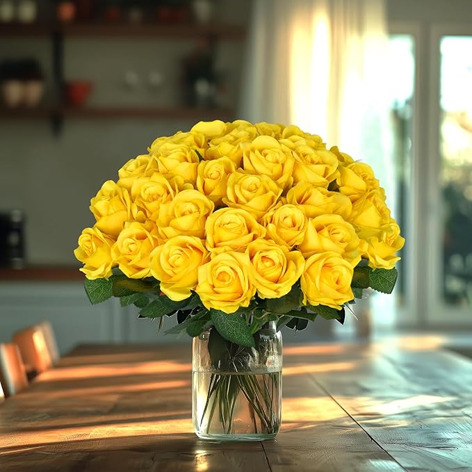 30pcs Fake Roses Artificial Silk Flowers Long Stems Bouquet for Wedding Bridal Shower Party Home Decoration (Yellow)
