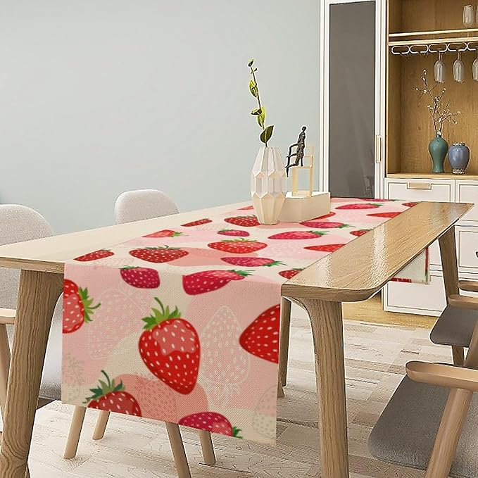 Strawberry Table Runner, Spring Summer Fruit Birthday Party Decoration Dining Room Home Kitchen Table Decor 13 x 60In