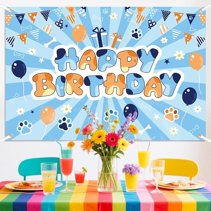 Dog Happy Birthday Backdrop, Cute Cartoon Theme Dog Paw Balloons Pennant Print Wall Backdrop Decor Photo Banner Props for Boys Girls Birthday Party Decorations Supplies