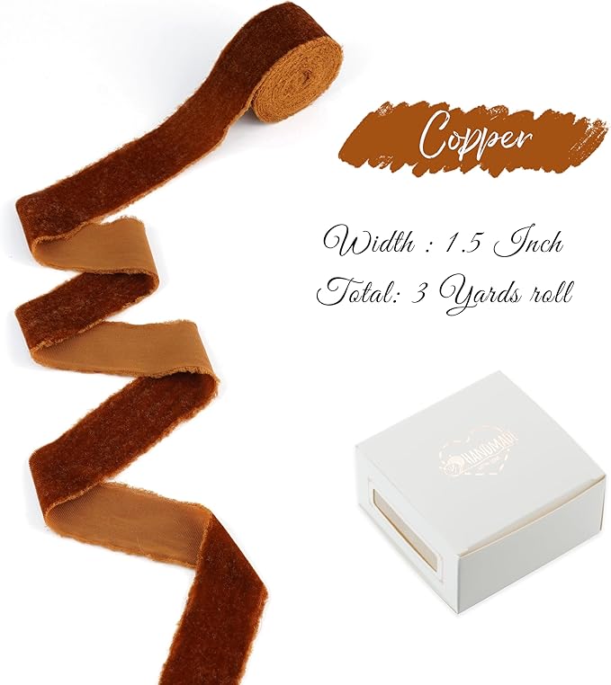 Copper Velvet Ribbon 1.5 inch Copper Frayed Velvet Ribbon Raw Edge Ribbon for Wreaths, Christmas Thanksgiving Decor, Flower Bouquet, Gift Wrapping, Bows Making-3 Yards