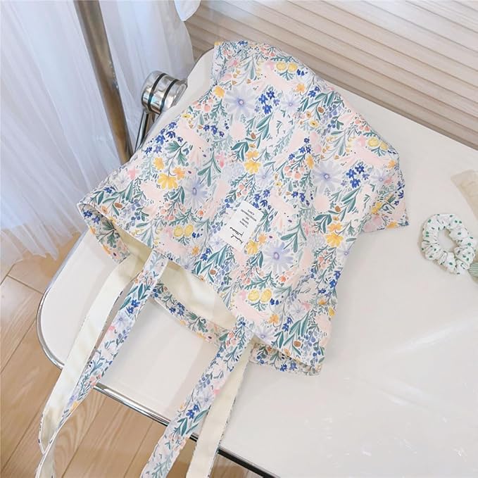 Cotton Canvas Tote Bag Reusable Soft Grocery Cloth Bag Floral Shoulder Bag for Beach Travel Shopping