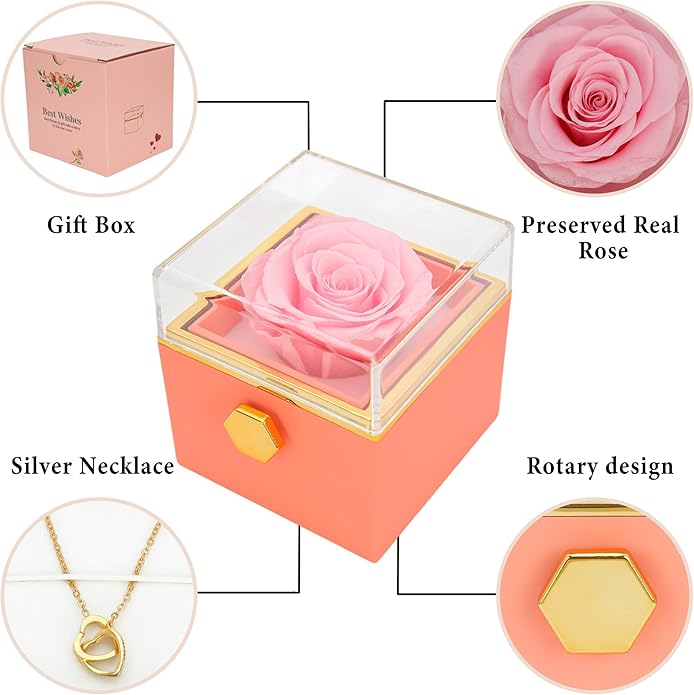 ‌TINGKU Eternal Real Rose Gift Box for Women, Preserved Rose with Customized Name Engraved Heart Necklace, Personalized Romantic Gift for Wife, Girlfriend, Mom, Mother's Day Love Keepsake