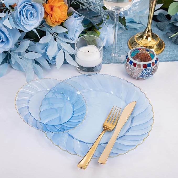 YOUBET 125PCS Clear Blue Gold Plastic Plates - Blue Disposable Plates With Gold Rim Include 25 Dinner Plates 25 Dessert Plates 75 Golden Silverwares for Wedding Birthday & Parties