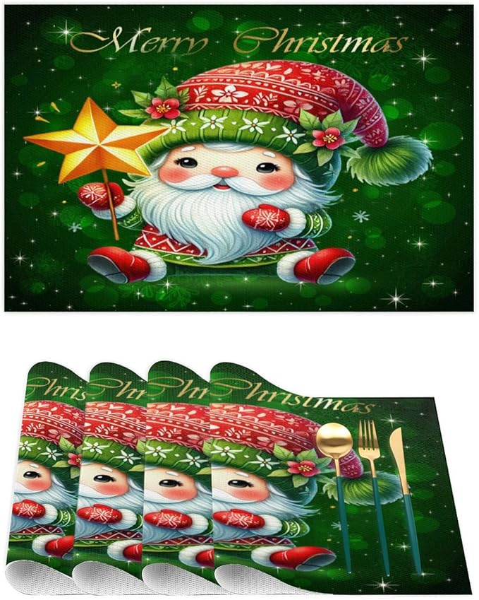 Xmas Christmas Green Santa Claus Placemats Set of 4 PVC Vinyl Non Slip Table Mats Heat Resistant Place Mats Washable Wipeable Dining Table Mat for Kitchen Decor Party Indoor Outdoor Decorative Gift