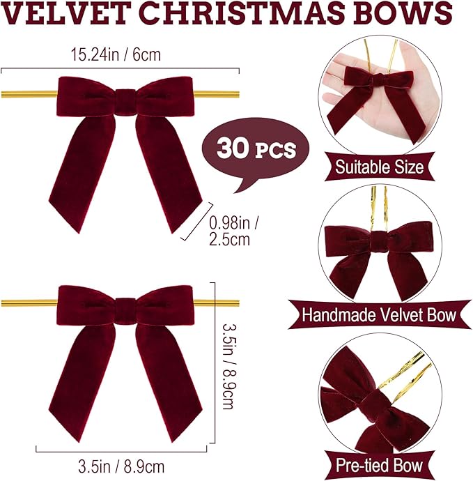 30 Pcs Velvet Ribbon Bows 3.5" x 3.5" Pre Tied Christmas Velvet Bows with Twist Tie for Gift Packaging Christmas Tree Wreaths Door Windows Wedding Party Decoration(Burgundy)