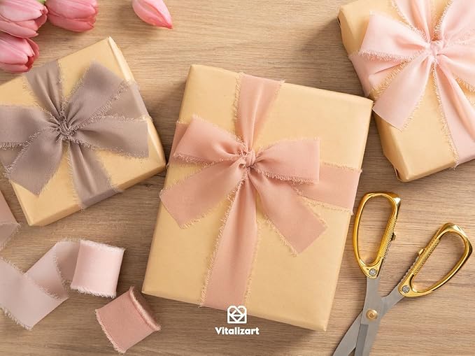 Vitalizart Rose Gold Handmade Chiffon Silk Ribbon Fringe 3 Rolls 1.5" x 21 Yd Frayed Edges Ribbons for Wedding Invitations Bridal Bouquets Gifts Wrapping Crafts Holiday Decor