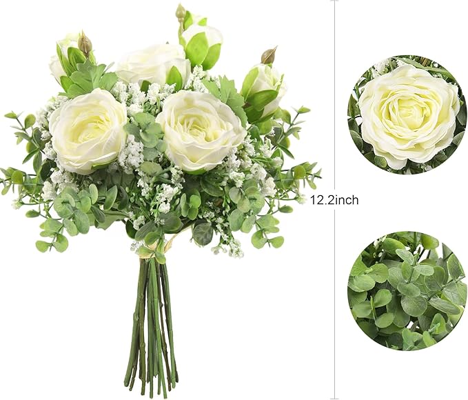 DEEMEI Artificial Babys Breath Flowers Silk White Peony Roses Eucalyptus Leaves Wedding Bridal Bouquets for Table Centerpieces (2 Bundles)
