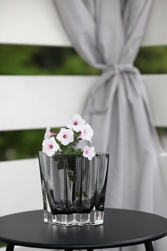 Glass - Vase - Gray - Smoky Black - Grey - Chevron Design - 5.5" Height - Heavy Durable - Made in Europe - by Barski