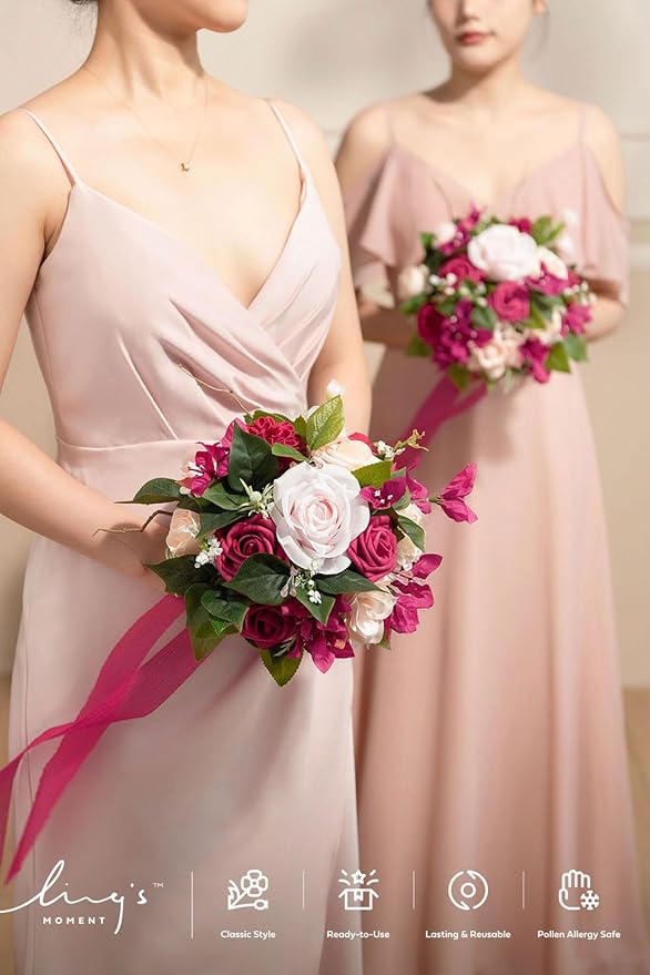 Ling's moment Blush Pink Bridesmaid Bouquet Set of 4, Pink Wedding Bouquets for Bridesmaids, 7 Inch Bridal Bouquets for Bridesmaids, Wedding, Ceremony, Anniversary, etc.