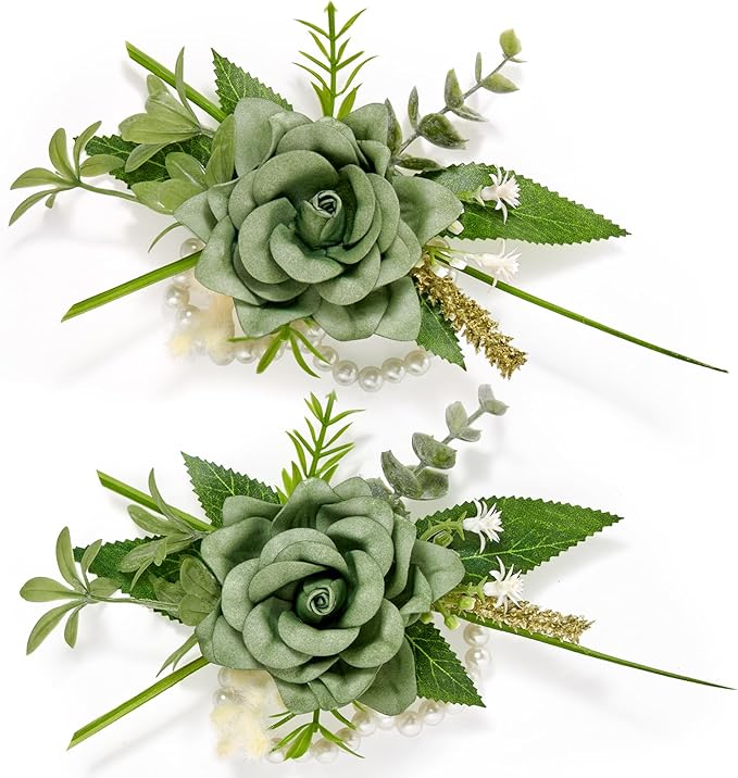 Serwalin Set of 2 Wrist Corsage for Wedding, 6-7inch Corsages Wristlet for Bridesmaid Mother Grandmother, Artificial Flowers for Prom Ceremony Anniversary, Green