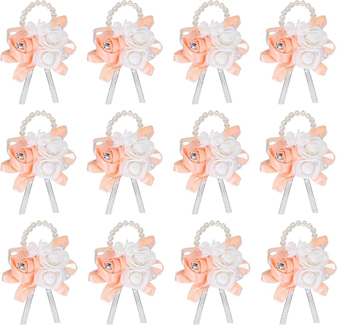 MECCANIXITY 12Pcs Wrist Corsage Artificial Flower Bracelets Rose Wrist Bride Groom Decorative for Wedding Ceremony Prom Party Anniversary Light Orange