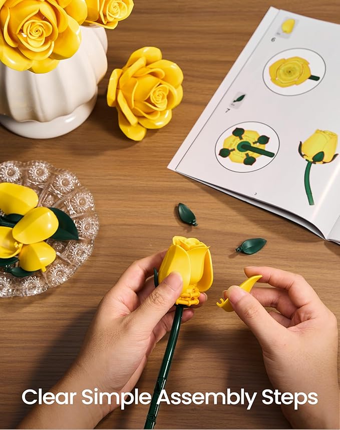 iATOM Yellow Rose Bouquet Building Set, Artificial Flowers Botanical Collection Kit for Adults, Gift for Christmas and Valentines Day, Warmming Home Office Table Centerpiece Decor - IA11019