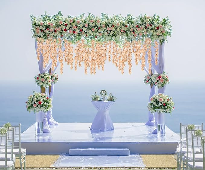 12Pack Wisteria Hanging Flowers 3.6ft Fake Flower Garland Faux Wisteria Vines Champagne Artificial Silk Flowers Bushy Rattan String for Garden Home Wall Wedding Decorations (Champagne)