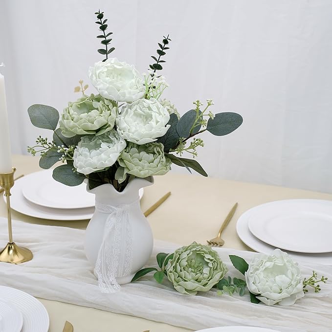 Artificial Flowers, 16pcs Artificial Roses for DIY Wedding Bouquets Centerpieces Arrangements, Sage Green Peonies Flowers with Stem for Bridal Shower Party Home Decorations