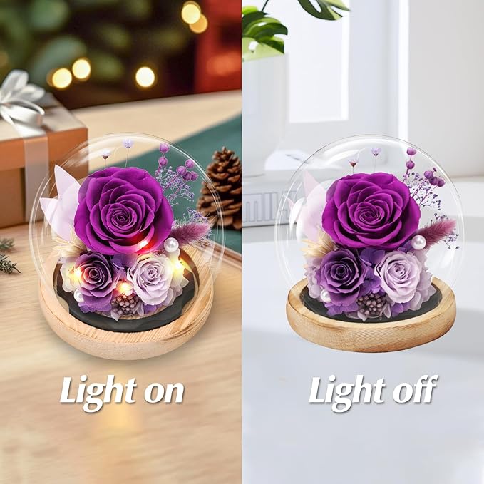 Preserved Roses Flowers for Delivery, Purple Forever Flores in Glass Dome for Women Mom Grandma Wife Girlfriend, Eternal Rose Anniversary Birthday Gift for Valentines Mothers Day Christmas