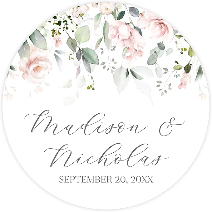 Personalized Floral Wedding Stickers with Your Choice of 30 Flower Styles - Choose Font and One of Five Pre-made Phrases or Add Custom Text (014 - Light Pink Flowers)