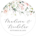 Personalized Floral Wedding Stickers with Your Choice of 30 Flower Styles - Choose Font and One of Five Pre-made Phrases or Add Custom Text (014 - Light Pink Flowers)