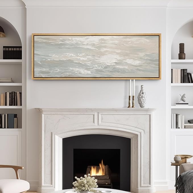 SIGNFORD Large Framed Canvas Print Wall Art Ocean Waves Minimalist Coastal Seascape in Soft Neutral Tones Illustrations Modern Art Relax/Calm Warm for Living Room, Bedroom, Office - 60"x20"
