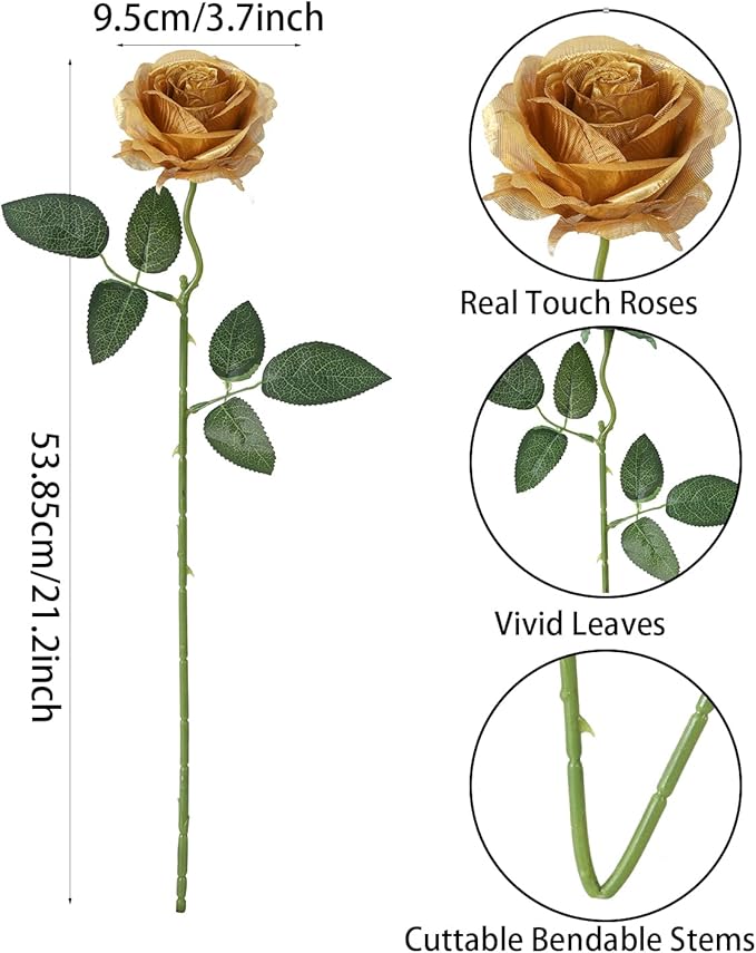 LFF 10pcs Silk Roses Artificial Flowers Fake Long Stem Roses for DIY Wedding Bouquet Home Decoration (Gold)