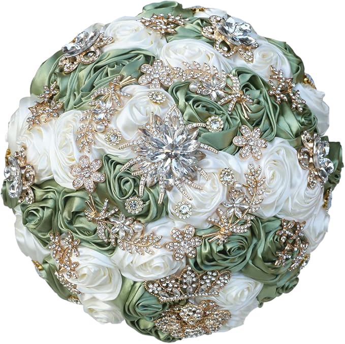 Handmade Satin Rose Floral Bling Pearl Decor Bridal Wedding Bouquet Rhinestone Pendant Artificial Brooch Flowers for Bride Bridesmaid Quinceanera