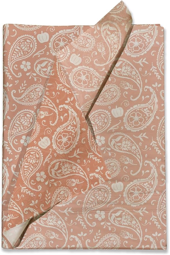 Orange Paisley and Pumpkins Printed Tissue Paper for Birthday Party Gift Bags or Boxes and Wrapping - Fall Bulk Decorative Art Tissue Paper for Packaging and Gifting | 24 Sheets 20" x 30"