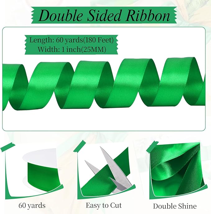 Green Ribbon 1 inch 60 Yards Christmas Ribbon Double Faced Green Satin Ribbons for Gift Wrapping Crafts Hair Bows Home Party Christmas Decorations